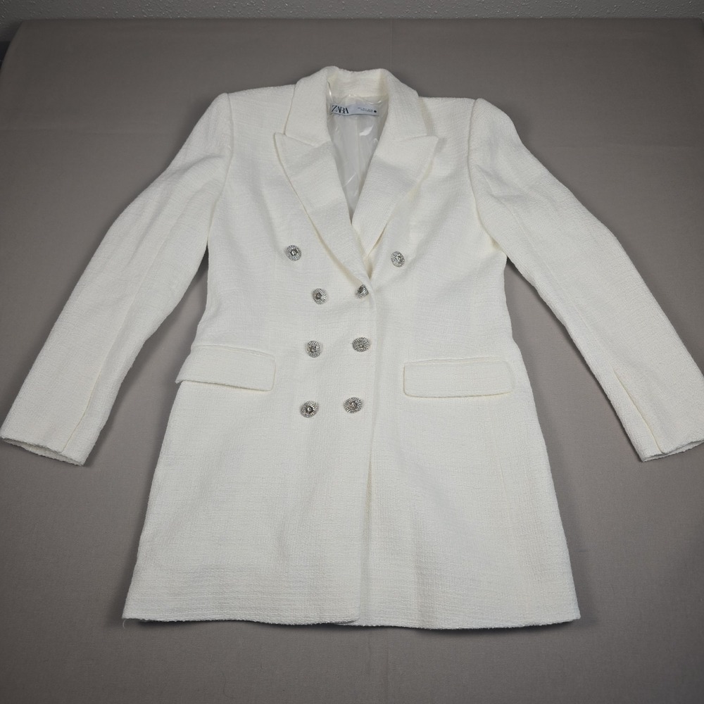 Zara Women's Collared Double Breasted Structured Blazer Jacket Dress White L